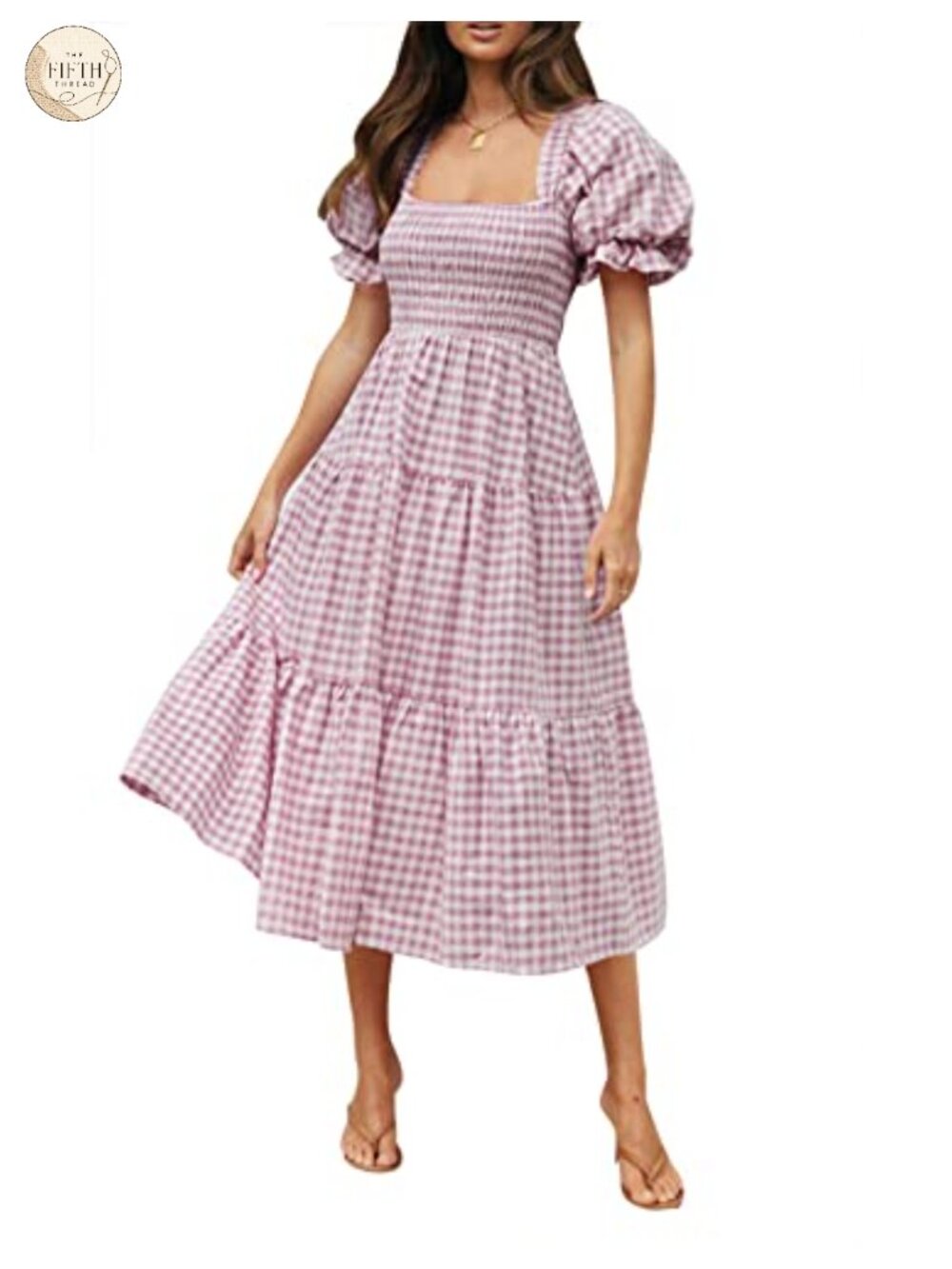 Women's Summer Boho Gingham Midi Dress Puff Sleeve Square Neck Beach Fit Flare